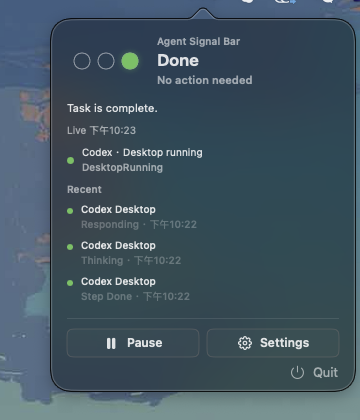 Detailed Agent Signal Bar menu bar panel