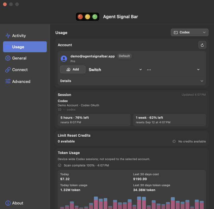 Demo Codex account and quota