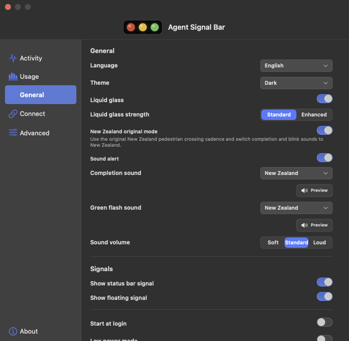 Agent Signal Bar settings window with Liquid Glass enabled