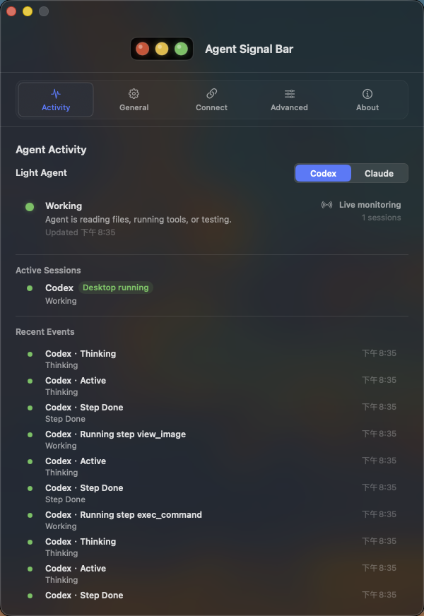 Agent Signal Bar settings window with Liquid Glass enabled