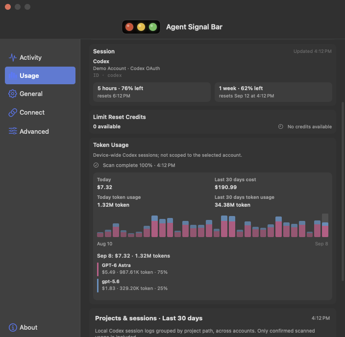 Token history with model costs, tokens, and shares
